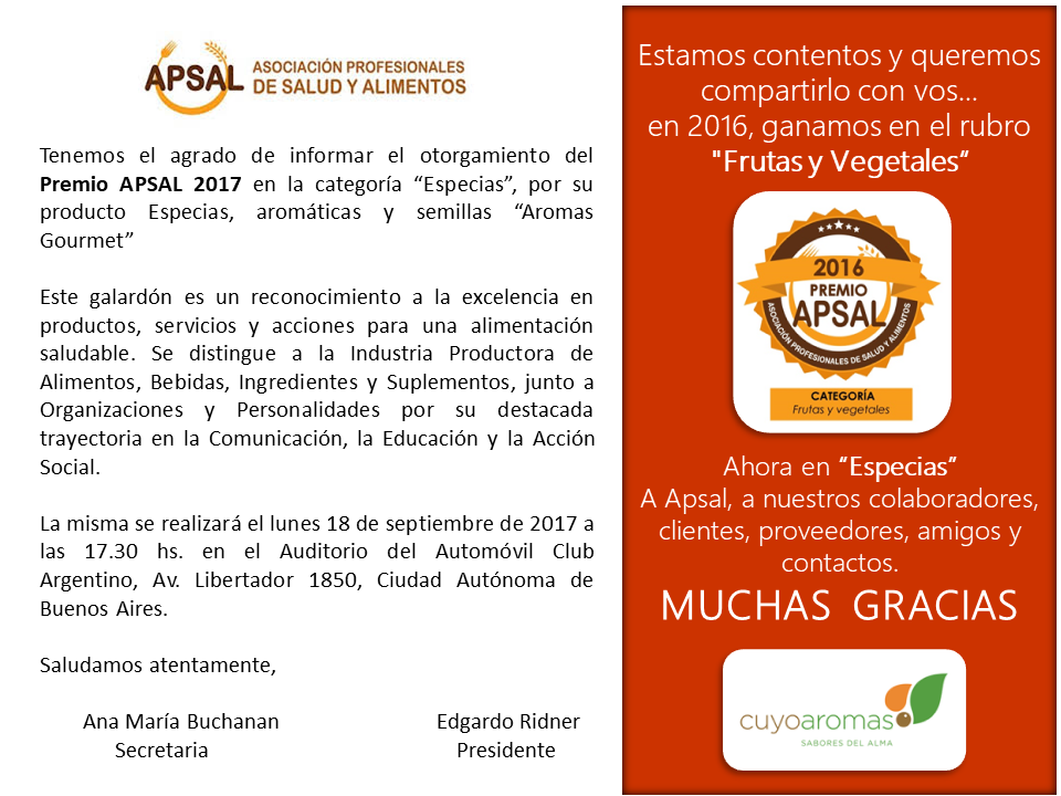 Premio Apsal 2o17 Cuyoaromas reconocida